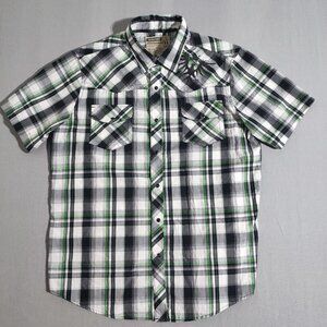 Machine button down shirt men's XL white grey checks western style front decor
